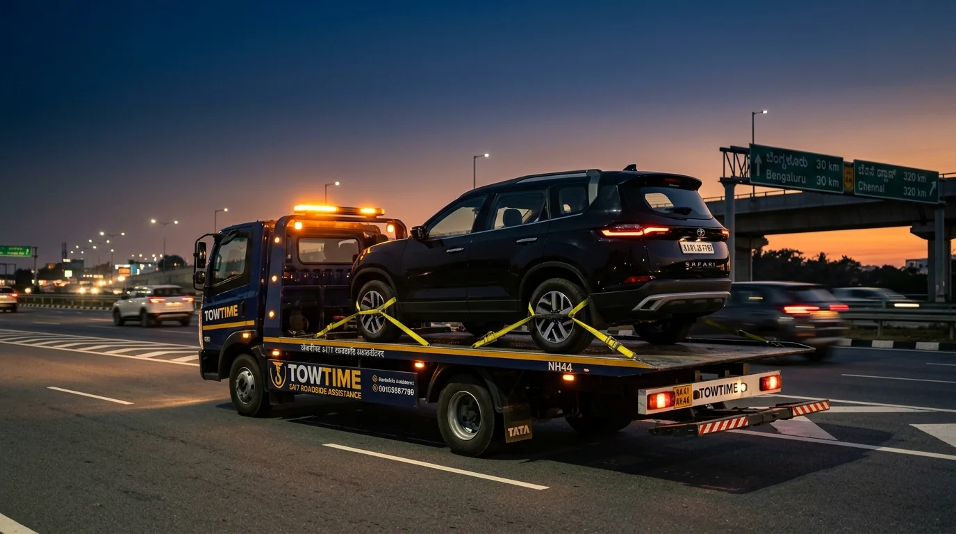 TowTime 24x7 verified flatbed tow truck recovering an SUV on an Indian highway at dusk