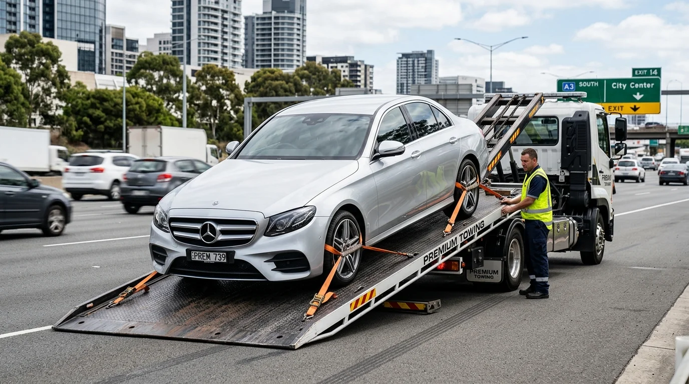 Specialized hydraulic tilt-tray flatbed towing for sedans, SUVs, and luxury electric vehicles