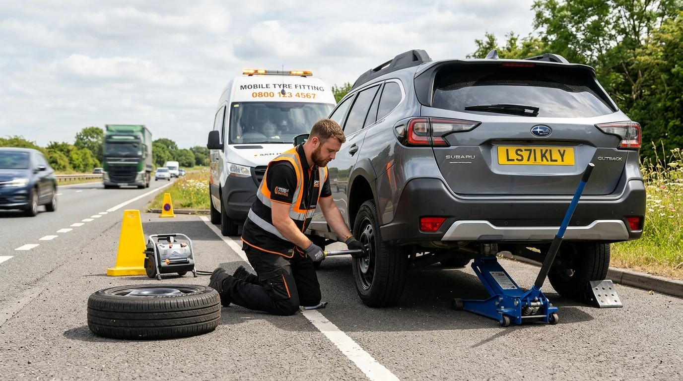 Roadside puncture repair technician replacing a flat tyre with hydraulic jack and torque wrench