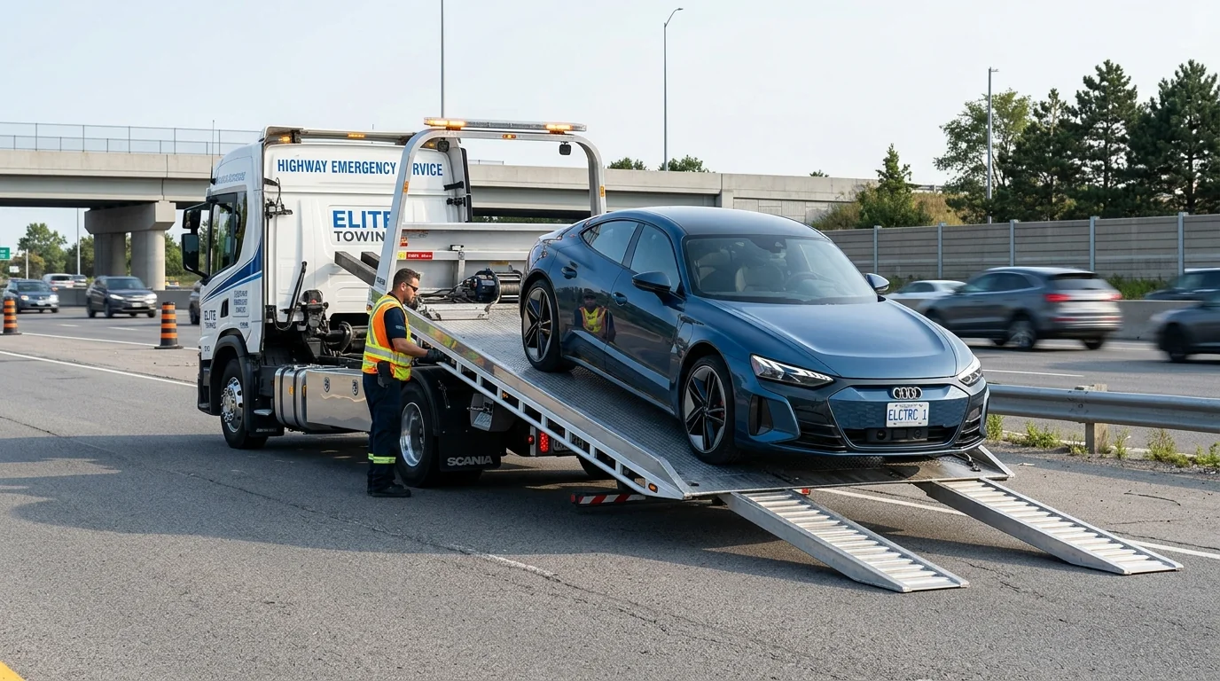 Zero ground-contact hydraulic flatbed tow truck loading a modern luxury car safely