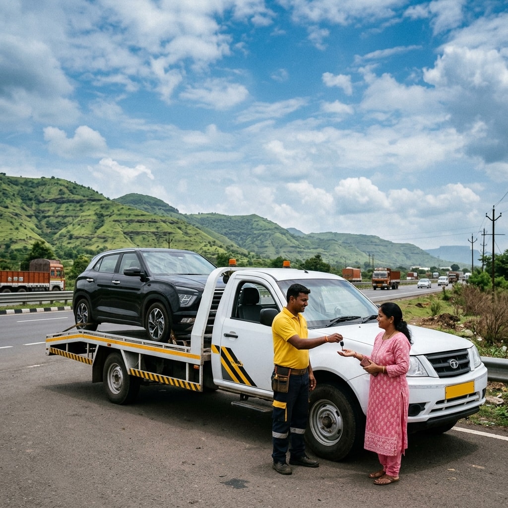 Tow truck towing a car on an Indian highway