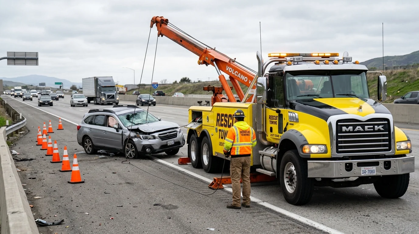 Emergency boom crane and winch recovery truck assisting an accident-damaged vehicle on the highway shoulder