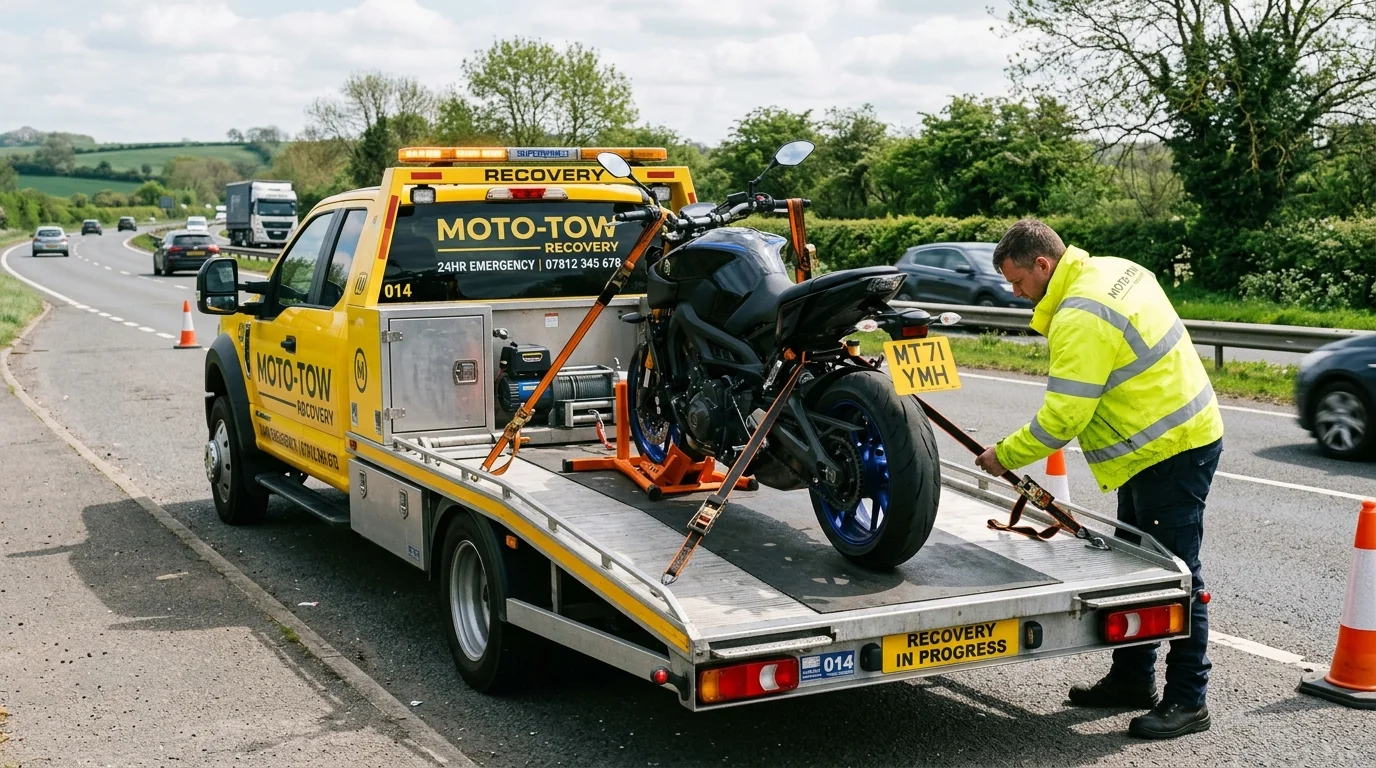 Dedicated two-wheeler motorcycle towing truck with front-wheel locking chocks and safety straps