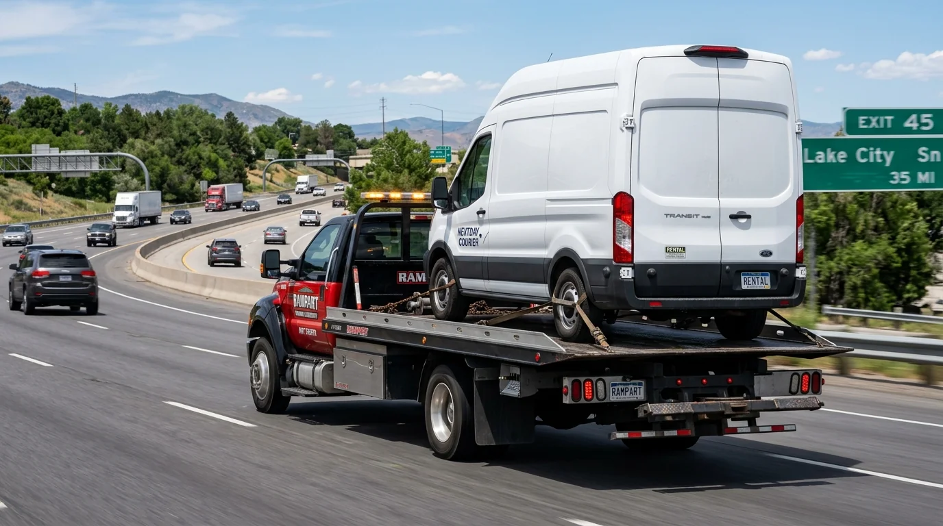 Commercial vehicle recovery truck towing a delivery pickup van on an express corridor