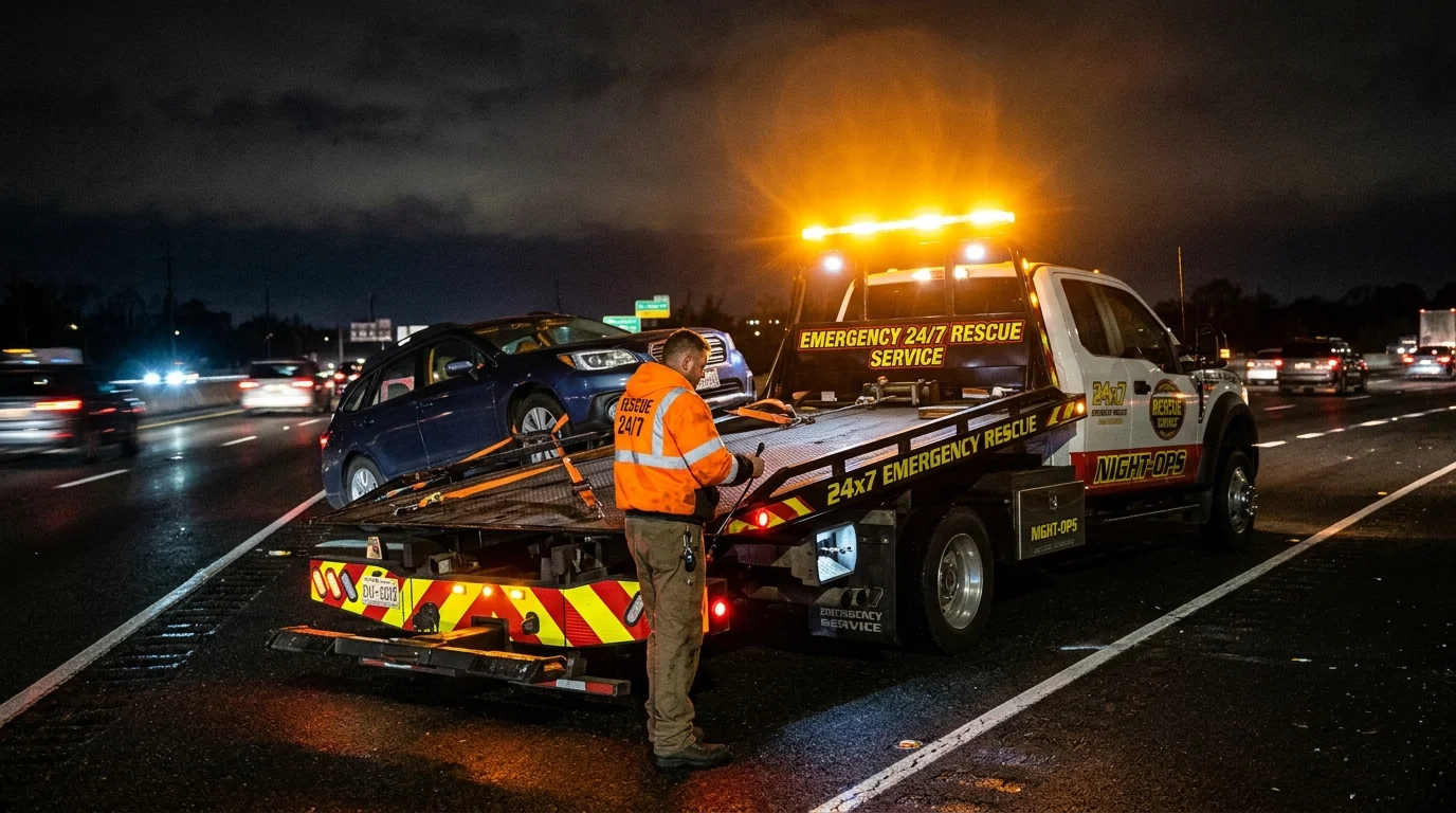 24x7 priority emergency highway towing truck with glowing amber warning lightbar at night