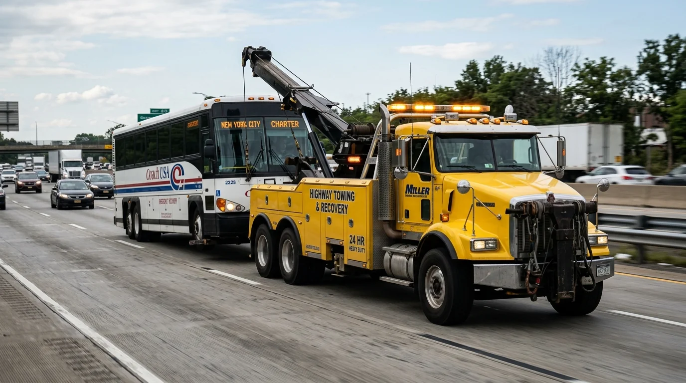 Heavy-duty rotator wrecker tow truck recovering a commercial bus on a national highway