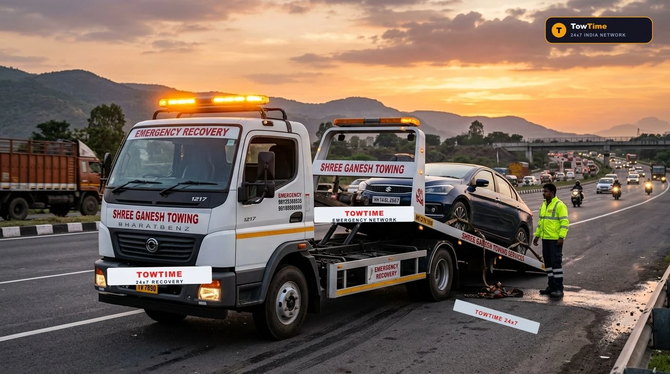 24x7 hydraulic flatbed tow truck recovering a disabled passenger car safely on a highway